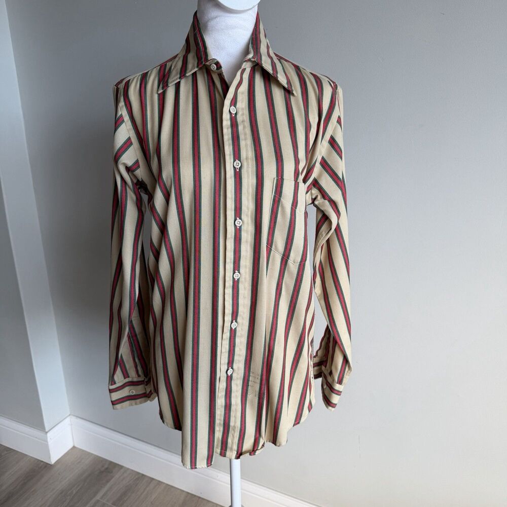 Gant Hugger Men’s VTG 70’s Beige Red & Green Striped Dress Shirt Sz 15-33 Rugby